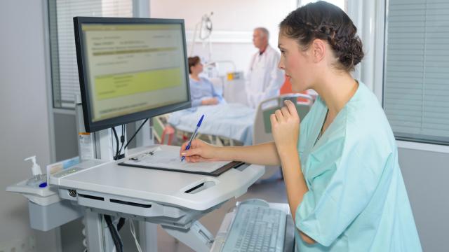 Medical assistant looking at medical records on a screen