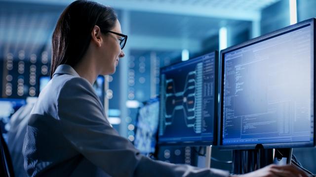 Individual looking at computer screen in IT environment