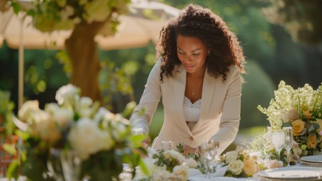 person standing at a table with flowers and decorations